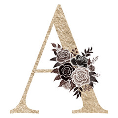 Floral alphabet, gold letter A with watercolor flowers and leaf