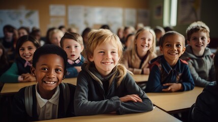 Obraz premium Primary elementary school group of children studying in the classroom. Learning and sitting at the desk. Young cute kids smiling. Back to school concept.