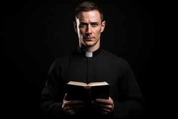 Catholic christian church priest wearing black cassock robe holding the holy bible book in his hands. Isolated on dark black background. - obrazy, fototapety, plakaty