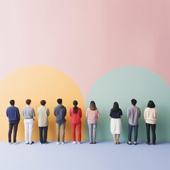 Colorfully dressed people standing in front of a pastel clean wall. Rainbow pastel colors. Team work and ideas. Generative AI