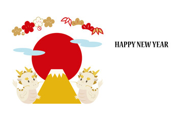 向かい合う龍と富士山と松・竹・梅の年賀状（賀詞あり）