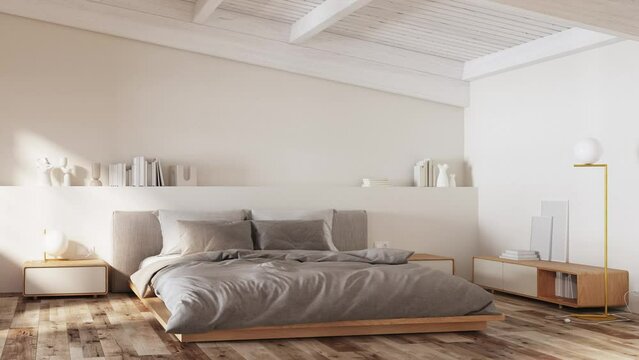 3d Render of white bedroom with wood floor and white wood beams in the ceiling, Gray bed with cushions.