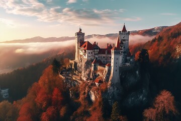 Beautiful european fairy tale castle, sunrise autumn soft light, built on the top of the mountain.