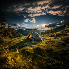 Camping tent with beautiful landscape scenery. Created using generative AI tools.
