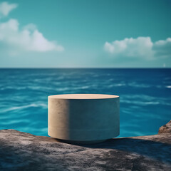 Fototapeta na wymiar Concrete podium for product presentation with the ocean and blue background
