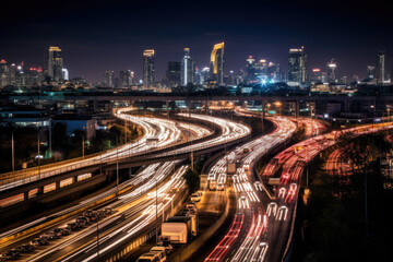 Aerial view of Road Traffic jam on multiple lane highway with speed light trail from car background, Expressway road junction in metropolis city center at night scene.