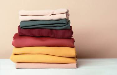 A neatly stacked pile of folded dark coloured clothes
