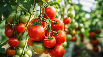 Ripe tomatoes on the vine in an organic greenhouse