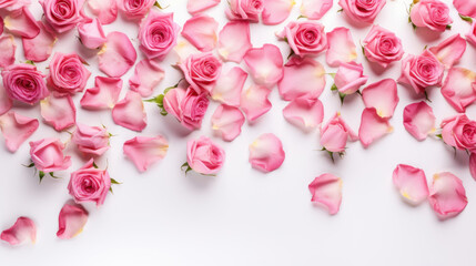 Obraz premium Close up of blooming pink roses flowers and petals isolated on white table background. Decorative web banner.
