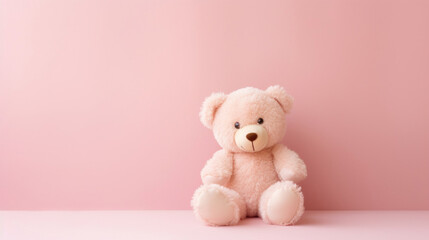 Toy bear peluche on pale pink background with copy space