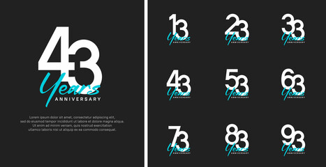 set of anniversary logo flat white color number and blue text on black background for celebration