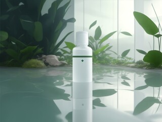 A pristine white cosmetic bottle stands atop a glossy wet floor, surrounded by lush medical plants and a reflection of the scene in the water.