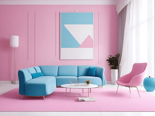 Modern luxury minimalist drawing room and furniture pink color blue