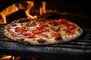 Fresh baked pizza closeup, traditional wood fired oven