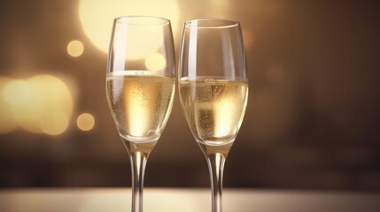 Close-up of Celebration toast with two glasses of Champagne. Golden bokeh light. Christmas or New Tear concept.