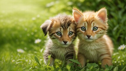 Naklejka na ściany i meble two little kittens sitting on the grass