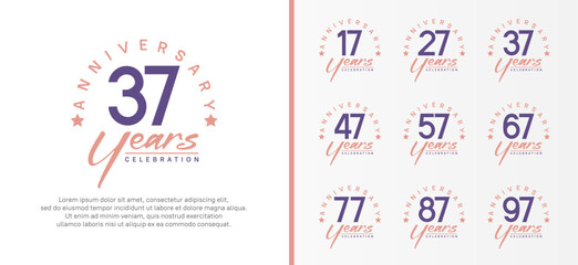 set of anniversary logo flat purple color number and pink text on white background for celebration