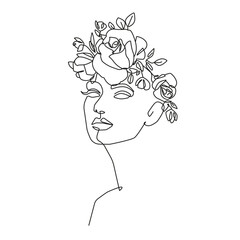 Woman Face with Flowers One Line Drawing. Continuous Line Drawing of Woman Head and Flowers. Abstract Contemporary Design Template for Covers, t-Shirt Print, Postcard, Banner etc. Vector EPS 10. 