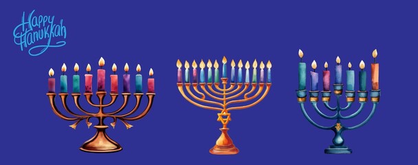 Fototapeta na wymiar Hanukkah menorah isolated. Set of traditional Jewish holiday symbol. Watercolor design.