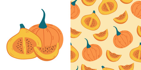 Seamless pattern with whole and slice of pumpkin