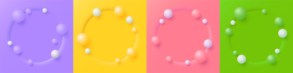 Realistic 3d frame collection. Colorful set of circle stage with bouncing balls. Abstract geometric vector background