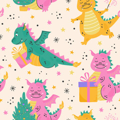 Christmas pattern with cute green dragon