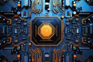 A powerful computer processor or chip on a motherboard. Modern technologies. Blue background.