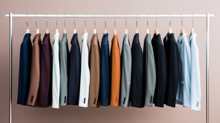 Colorful clothes hanging in row. Many suits for autumn or fall or winter season. Banner.