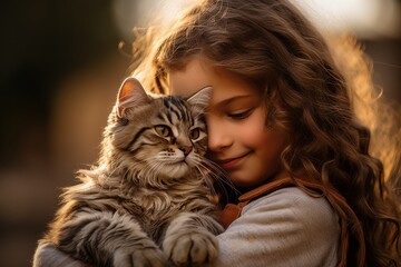 Little Girl Hugging her Cat with Warm Light Background, Kid Hugs a Stray Cat to Conveying a Sense...