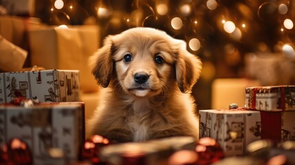 Adorable puppy Christmas festive shopping spree, Background Image,Desktop Wallpaper Backgrounds, HD