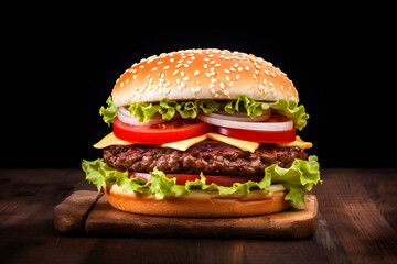 beef burger with vegetables and cheese isolated on a black background