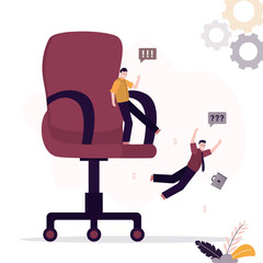 Betrayal, concept. businessman pushes colleague down from giant office chair. Hate, bullying at work. Business or political competition. Loser man falls down. Layoff, boss fires an employee.