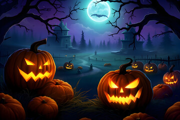 A Halloween background with a creepy pumpkin in the glow of the moon ,Scary haunted castle and a bats, jack-o'-lanterns and a spooky night, Generative AI