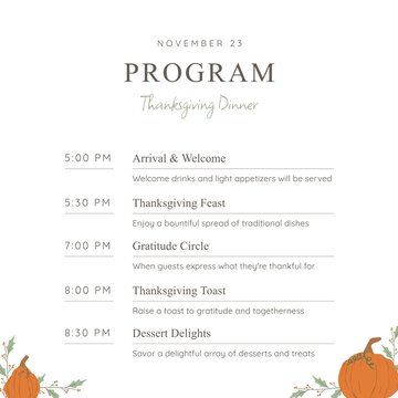Composite of program thanksgiving dinner text over pumpkins on white background