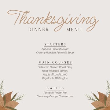 Composite of thanksgiving dinner menu text over autumn leaves