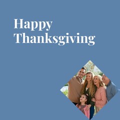 Happy thanksgiving text on blue with happy caucasian family taking selfie