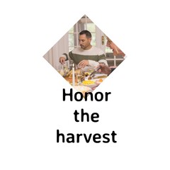 Honor the harvest text with caucasian father and adult son at thanksgiving dinner table
