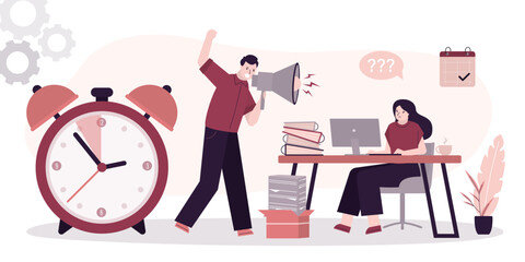 Angry boss yells at an employee through megaphone. Deadline, time management. Boss with big alarm. Burnout, overload. Mental burden, pressure. Discrimination,