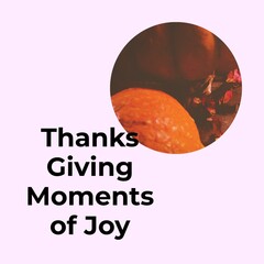 Thanks giving moments of joy text on pink with thanksgiving pumpkins