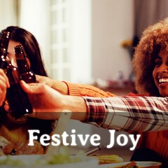 Festive joy text for thanksgiving over diverse friends toasting with beers