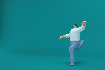 Fototapeta na wymiar cartoon character wearing jeans and white long shirt. 3d rendering in acting. He is doing exercise.