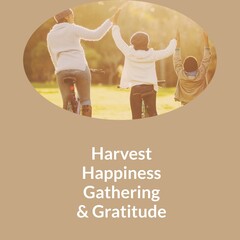 Harvest happiness gathering and gratitude text and african american family at park
