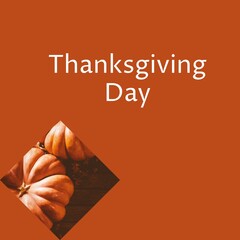 Thanksgiving day text with orange pumpkins on brown background