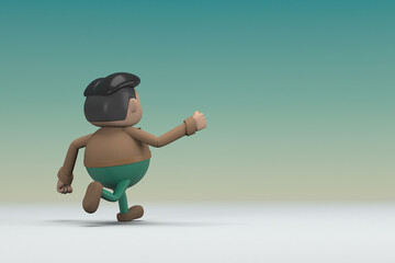 The man  with mustache wearing a brown long shirt green pants.  He is running. 3d rendering of cartoon character in acting.
