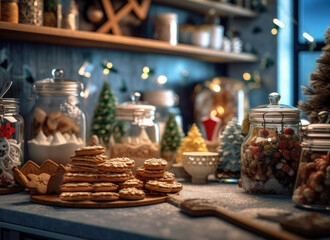 Christmas gingerbread on the table on the background of the Christmas kitchen.Christmas atmosphere