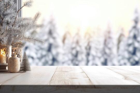 Empty wooden table on the background blurred winter snow background.The background can be used for mounting or displaying your products.