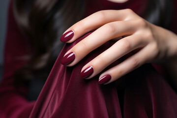 Glamour woman hand with deep berry and plum nail polish on fingernails. Nail manicure with gel polish at luxury beauty salon. Nail art and design. Female hand model. French manicure.