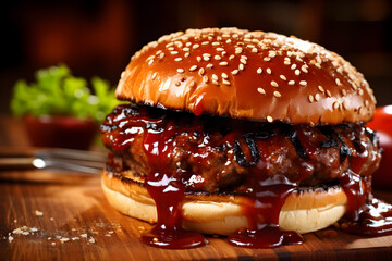 studio shot close up of Grilled burger with spicy bbq sauce