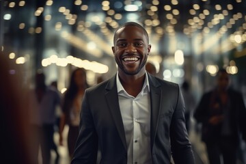 Fototapeta premium Portrait of Happy African American Businessman Walking on Street at Night, Smiling Black Manager in Modern City Surrounded By Blurred People.