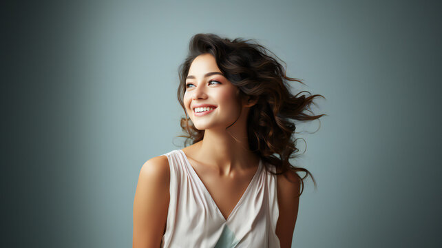 A portrait of a happy and glamorous young woman with a radiant smile. healthy skin, stylish makeup, and elegant hairstyle highlight natural beauty and confidence.